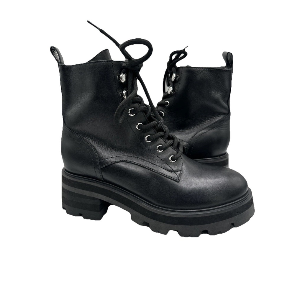 New Marc Fisher Boots Women's Black Leather Lucien Lace Up Combat Size 5 1/2